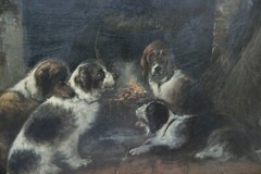Top listed Edward Joris Moerenhout antique Oil panel dogs at rest signed 19th c