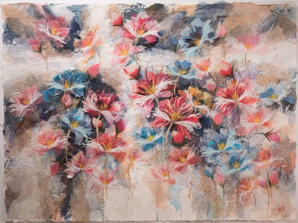 Large Chinese Tissue Paper Floral Collage, Signed & Chop Mark, STUNNING!