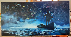 Stars sky oil painting 100×50 cm night man boat universe painting on canvas