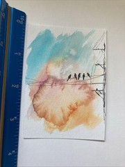 ACEO Original Watercolor Painting OOAK Landscape ATC Bird on Wire