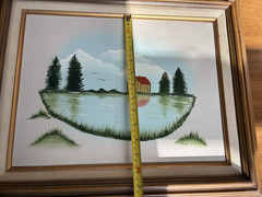 Folk Oil Painting of Barn on Lake Signed Wood Frame Linen Mat 20×16 Pastoral
