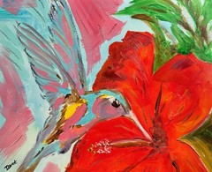 Hummingbird and Hibiscus Painting Original Tropical Bird Floral 11×14 Artwork
