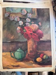 Vintage Floral Still Life Tea Pot Fruit Bowl Decorative Painting Print Large Art