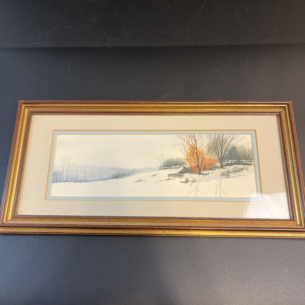 Nancy Moore Watercolor Painting Art Wood Framed Ornate 7X15″ Farmhouse Gold Trim