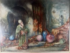 Antique Orientalist Interior Watercolor Painting Attrib Douglas Arthur Framed
