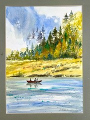 Original painting Landscape fishmen tree shore River forest Watercolor A4 Lake