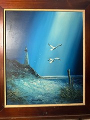 Large Philip Sadee „Seaside With Lighthouse Gulls“ Oil Painting – Signed/Framed