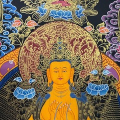 Silk Brocade Mounted Maitreya Buddha Thangka Painting, Handmade Tibetan Wall Art