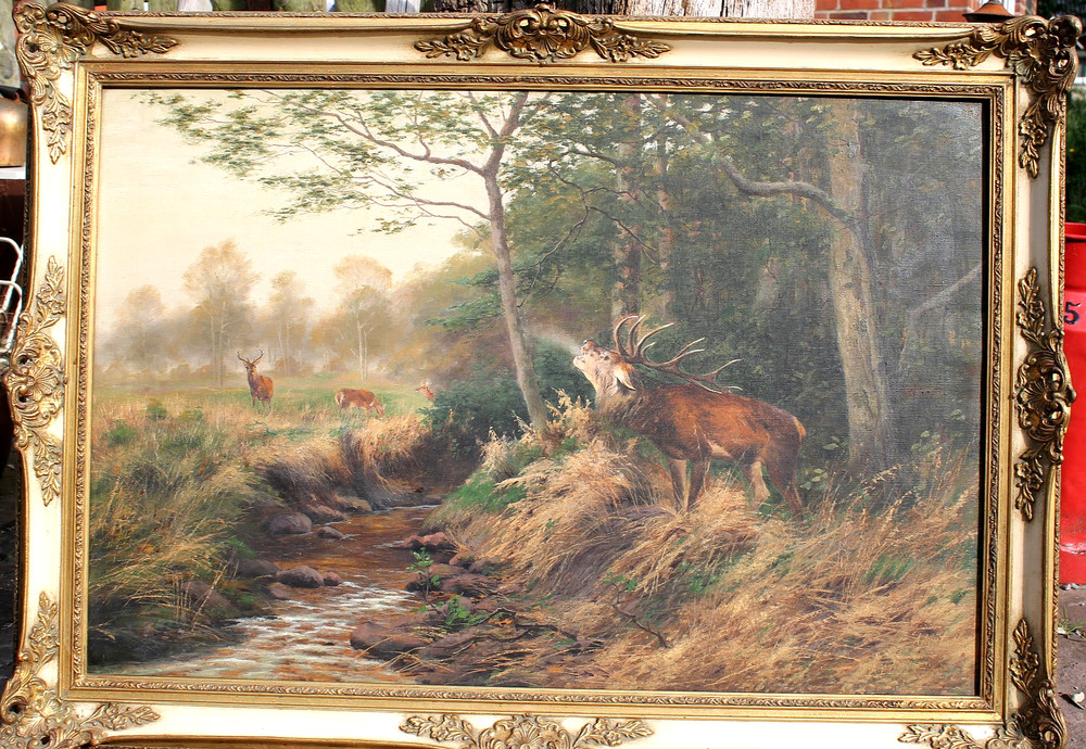 August Mötsch, Johann Christian Kröner oil painting roaring deer hunting