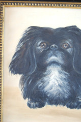 VTG 60S FRAMED ORIGINAL OIL PAINTING OF BLACK AND GRAY PEKINGESE DOGS ARTIST: ME