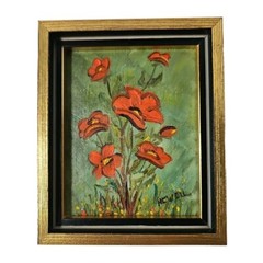 1970’s Oil Painting Red Poppies Flowers Still Life~Minature 4.5″ x 5.5″~Signed