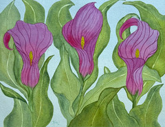 PAINTING WATERCOLOR 11X14 MAT 16X20 FLOWER CALLA LILY PURPLE VIOLET ORIGINAL ART