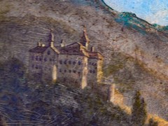 19TH C EUROPEAN LANDSCAPE OIL PAINTING CASTLE TREES HUNTER MOUNTAINS SIGNED
