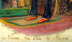 Glass Picture „Never Too Old to Patch“ Oil Painting Circa 1898 Signed Titled Dated