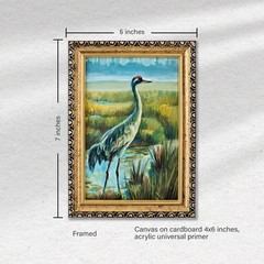 Original Oil Painting Heron Bird Wetland Landscape 4×6 Framed Wildlife Art