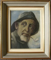PORTRAIT OIL PAINTING OLD FISHERMAN WITH HAT & PIPE ILLEGIBLY SIGNED