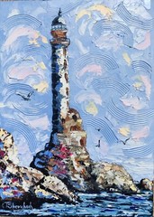Original Oil Painting Lighthouse Landscape Seascape Sea Hand Painted Art 12×8.5