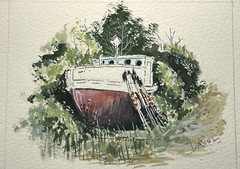 Original Watercolor Painting Old Retired Fishing Ship Boat 4×5″ Fine Art Davel