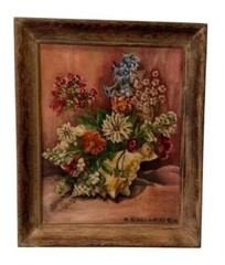 Vintage 1950 Signed Oil Painting by M. Senger – Framed Still Life Flowers 20×24