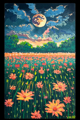 Wildflowers Painting Original Landscape Moon Forest Nature Impressionism Art