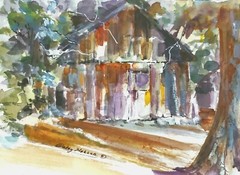 CABIN IN THE WOODS, original watercolor signed by artist Patsy Heller, 5×7 inche