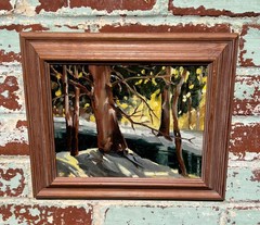 OIL PAINTING TREES STREAM WINTER LANDSCAPE UNSIGNED UNKNOWN ARTIST SMALL FRAMED