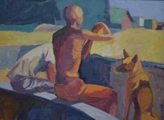 Ray Cuevas (American, b. 1932) O/B Man w/ Dog at the Beach, California Artist