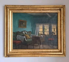 Antique Framed Scandinavia Interior Scene Oil Painting Carlsson or Carl Larsson?