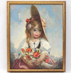 Rufino Ceballos 15×18 Portrait Vintage Oil Painting Young Girl Straw Hat Flowers
