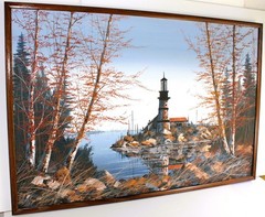 THOMAS LEGAULT LARGE OIL PAINTING CANVAS SIGNED LIGHTHOUSE SCENE AUTUMNAL TREES