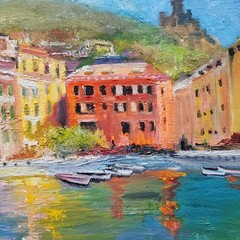 YARY DLUHOS Vernazza Italy Cinque Terra Sea Harbor Village Original Oil Painting