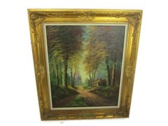 Oil Painting on Wood Plaster Framed Landscape Wood Gorgeous Frame Signed P. Ruel