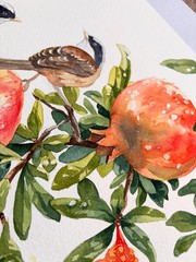 Original 11.7 x 16.5 inches Watercolor Painting „Two Birds in Pomegranate Tree“