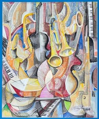 Emmy Lu Large Original Pastel Drawing/Painting „Untitled“ Musical instruments