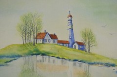 Watercolor Painting – Lighthouse & Homestead on Sea Coast – Janice Berigan