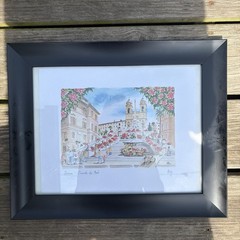 Original Watercolor Rome Italy Spanish Steps Cityscape Black Frame Art 13x21n