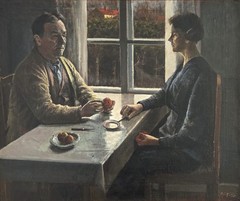 Oil painting. Axel Soeborg(1872-1939): ”A dining table conversation” (1933)