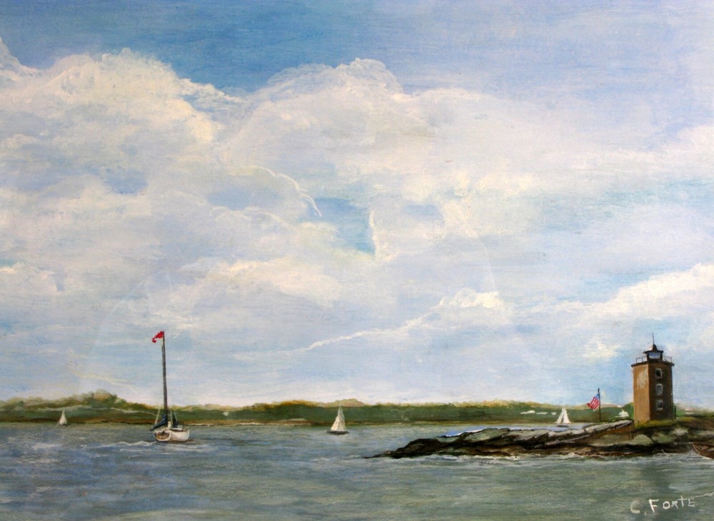 ORIGINAL RHODE ISLAND ARTIST LIGHTHOUSE PAINTING OCEAN SAILBOAT STUNNING !!