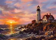 new handmade Painting on 24″*16″canvas Serene Lighthouse at Twilight by Wendy