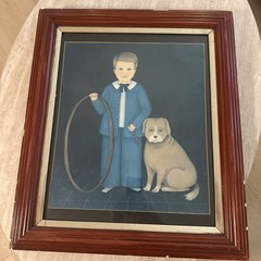 Folk Art Piece Large Boy With Hoop & Dog Period Frame 27 X 23” Signed Sheridan