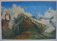 Fine Watercolor Summit Panorama Snow-Covered High Mountains Wrapped in Clouds