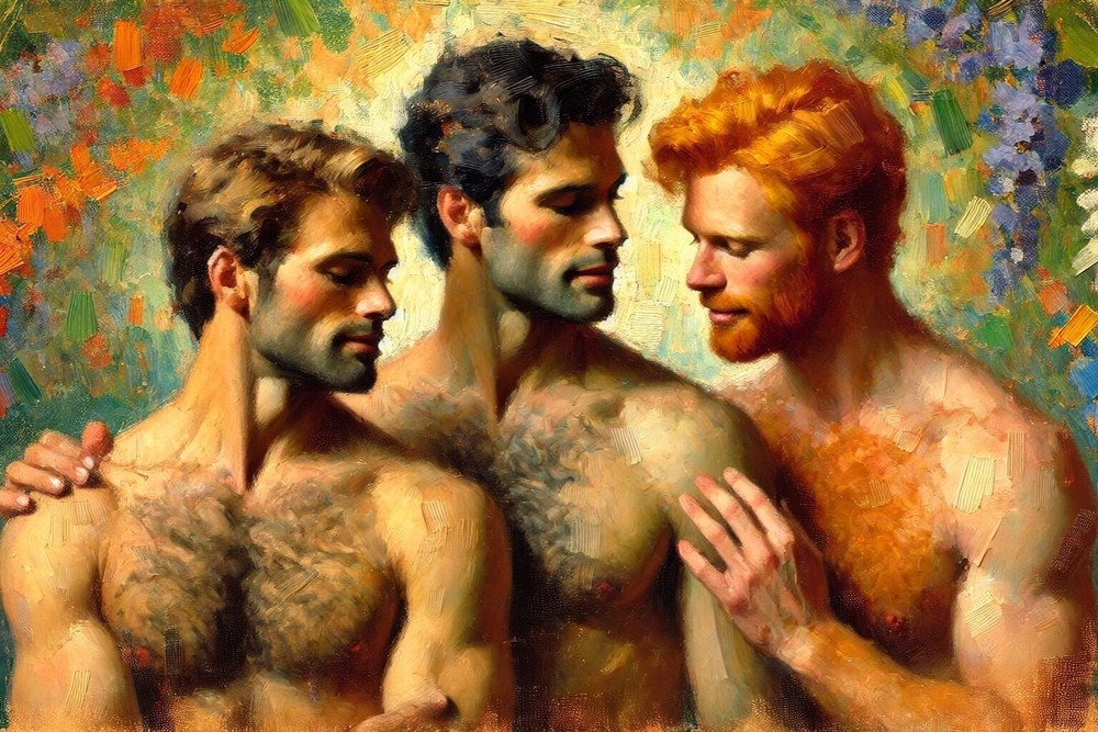 Original gay LGBTQ art painting „Three Lovers“ signed by the artist, Large Size
