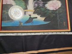 2 Vintage Chinese Waterfall Mountain Paintings on Silk Glass Bamboo Wood Frames