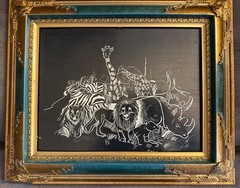 Scratch Board Art African Zebra Lion Giraffe Rhinoceros Framed Signed 2014