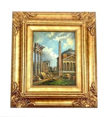 Painting Old World City Vintage Oil Art on Board in Golden frame