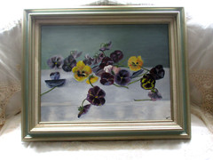 GORGEOUS! Large Signed Original Oil on Canvas Yellow and Purple Violets 31 x 25