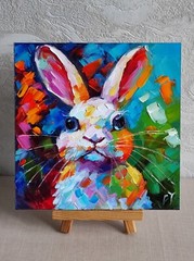 original oil painting Rabbit Bunny Pet artwork Colorful animals wall art 8*8 in