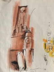 Pharaoh & Owl Monument Egyptian Watercolor 16 1/2 x 12 1/2 -C. 60s-Adolf Konrad