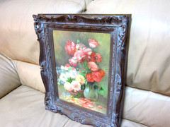 Vtg Floral Still Life Oil Painting Canvas Framed 17″x21″