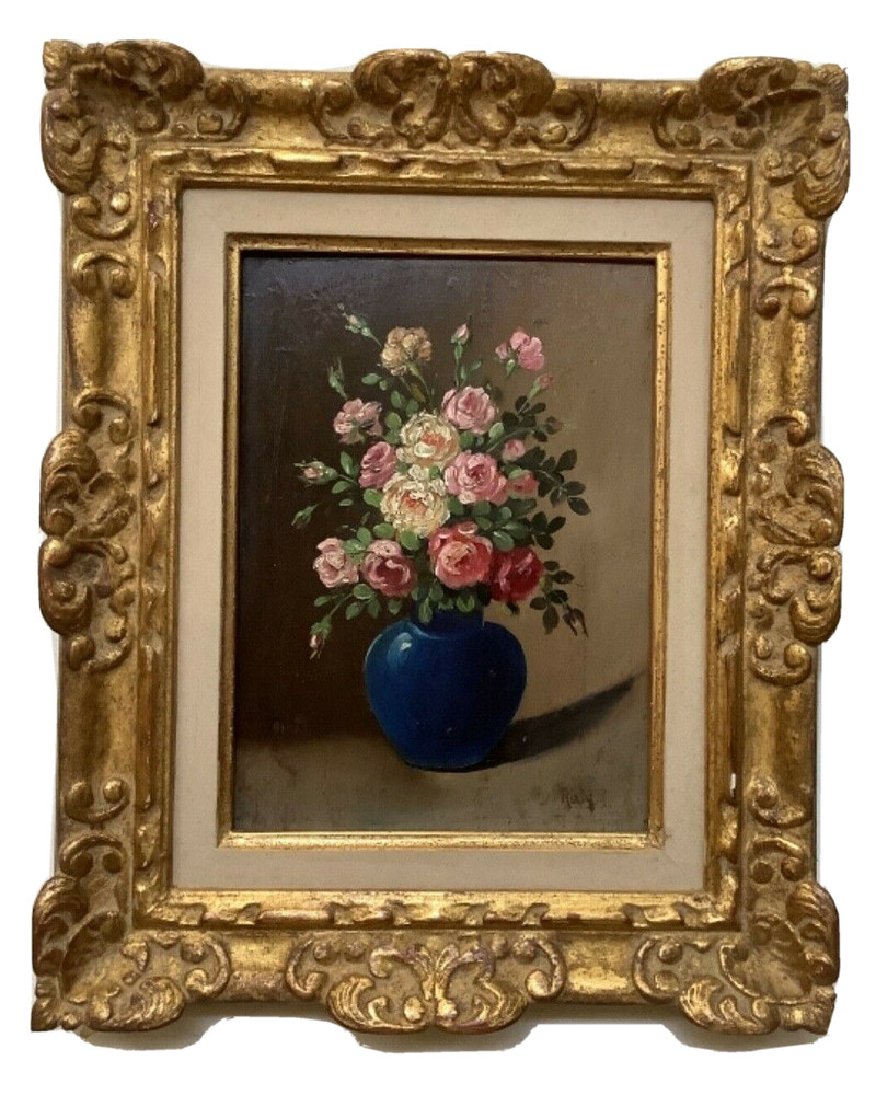 EARLY 20th SIGNED – FRENCH IMPRESSIONIST OIL – BOUQUET OF ROSES IN A BLUE VASE